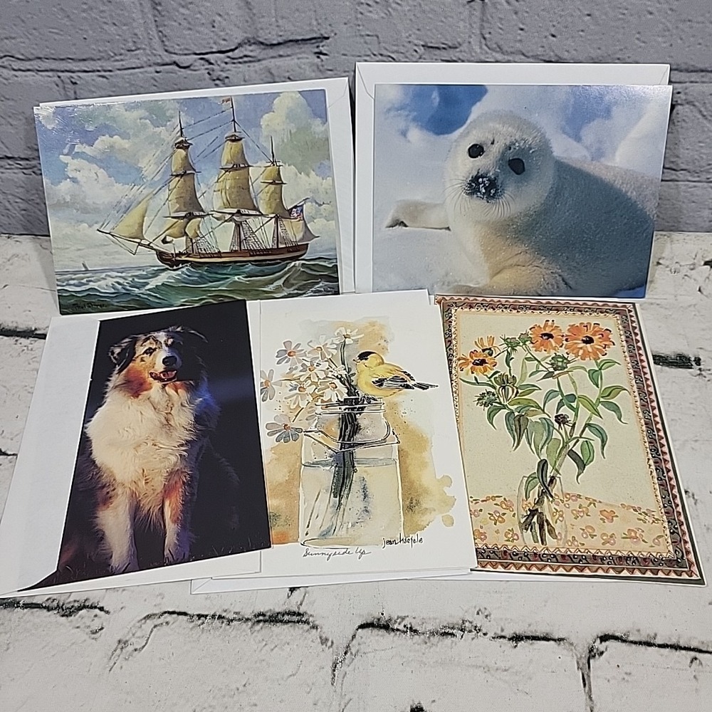 Greeting Cards Notecards Blank Inside Lot Of 5 Animals Flowers Sailboat
